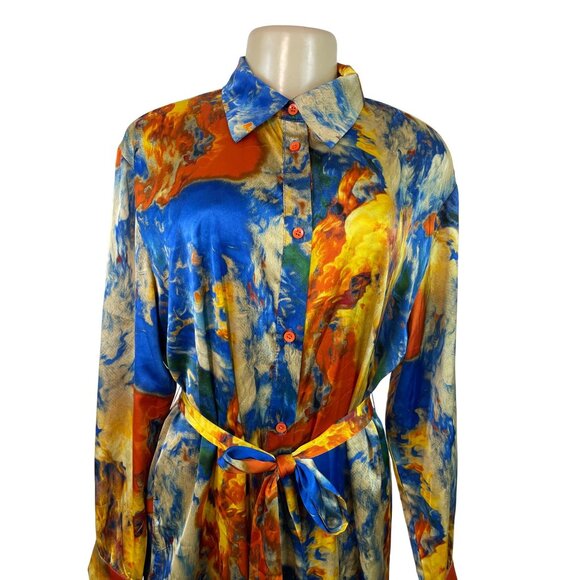 Fashion Nova Abstract Print Long-Sleeve Button-Down Belted Midi Dress Sz L - New - Picture 4 of 9